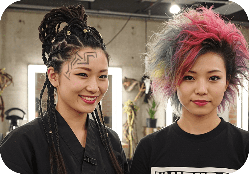 ヘアスタイルショーのモデルの女性２名が正面を向いている様子